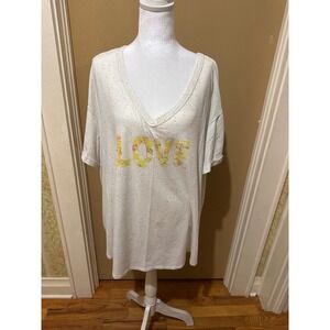 Trueself Graphic Tee Womens 3X White Confetti Love Floral V-Neck Oversized Shirt